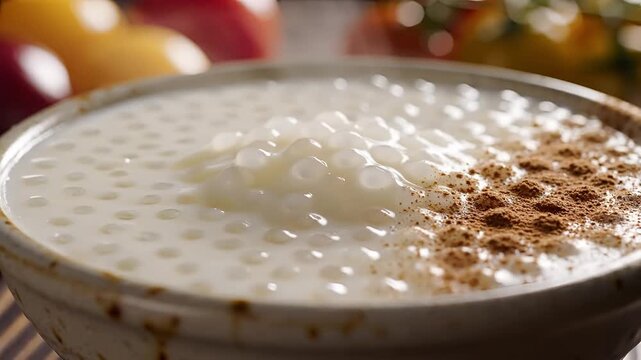 Delicious Tapioca Pudding with Cinnamon Topping Close Up.