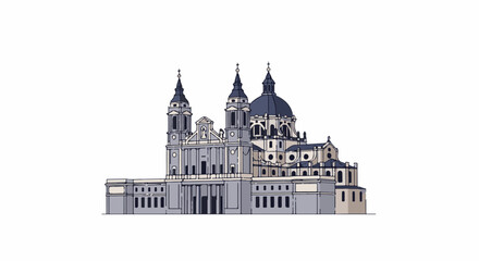 Obraz premium Stylized illustration of a grand, domed, classical building with towers and colonnades