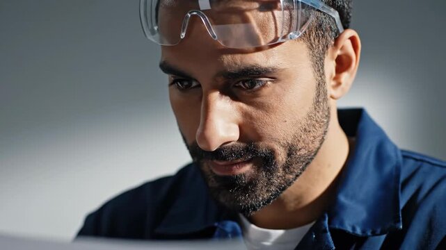 Close-up of a focused male engineer studying a blueprint. A concentrated industrial worker analyzing a technical drawing for a project
