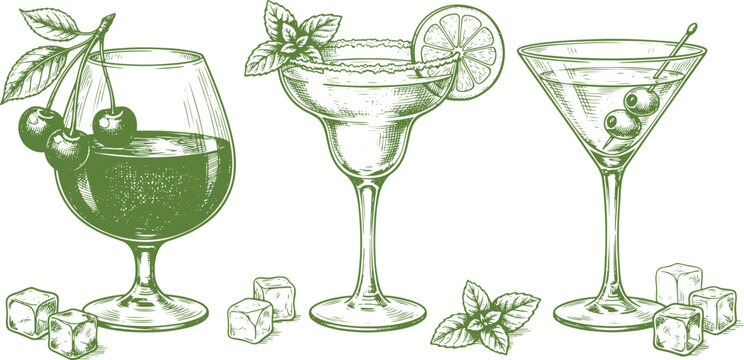 Set of alcoholic cocktails with ice cubes mint and cherries in vintage hand drawn etching.