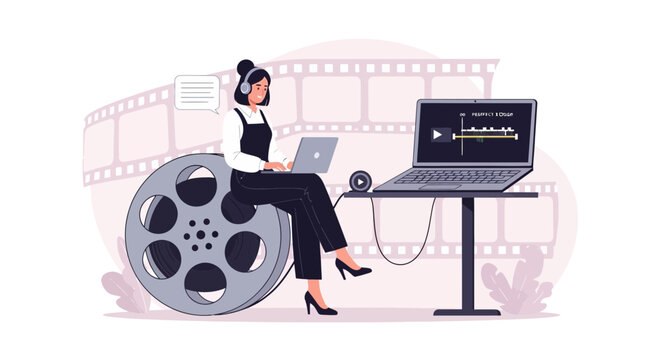 Filmmaker editing video on laptop with film reel and movie strip background