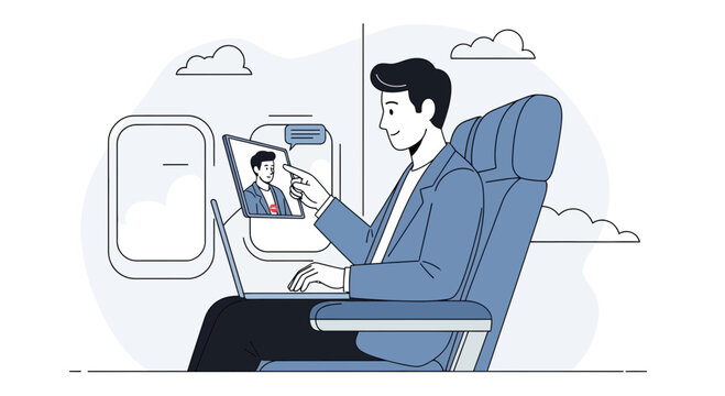 Man Video Calling on Plane: Business Travel & Remote Work Illustration