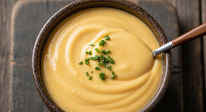 A bowl of creamy, yellow-colored soup with a spoon in it, garnished with chopped green herbs, placed on a rustic wooden table with a dark wooden background.