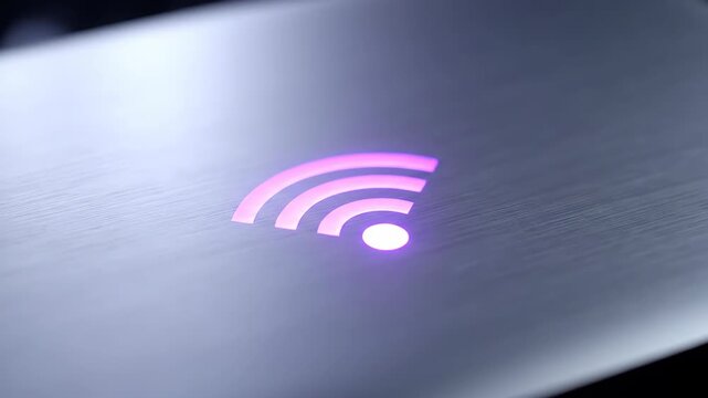 Wi-Fi symbol glowing purple with emanating light rays. Wireless internet connection activation and deactivation concept. Modern technology background