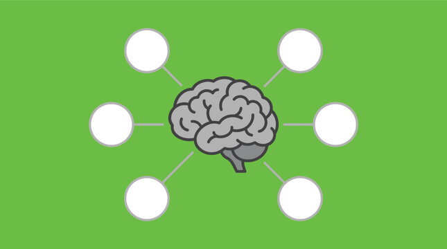 Flat vector illustration of a human brain connected to multiple empty circles ideal for representing ideas brainstorming or concept mapping