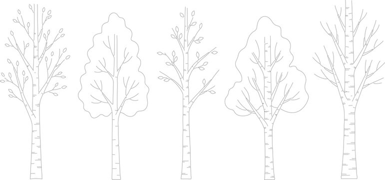 Minimalist Nature Elements Set Featuring Simple Vector Icons of Leaves, Trees, Mountains, and Sun on White Background for Clean Graphic Design and Eco-Friendly Branding.