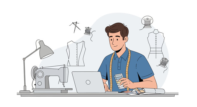 Male fashion designer working on laptop with sewing machine and sketches