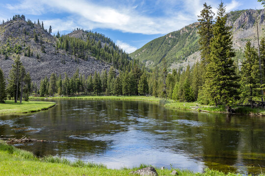 Madison River and mountains on sunny day