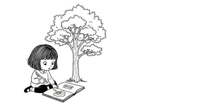 Young girl reading a book under large tree illustration.