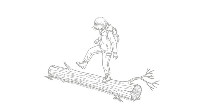 Child balancing on a fallen tree log outdoors.