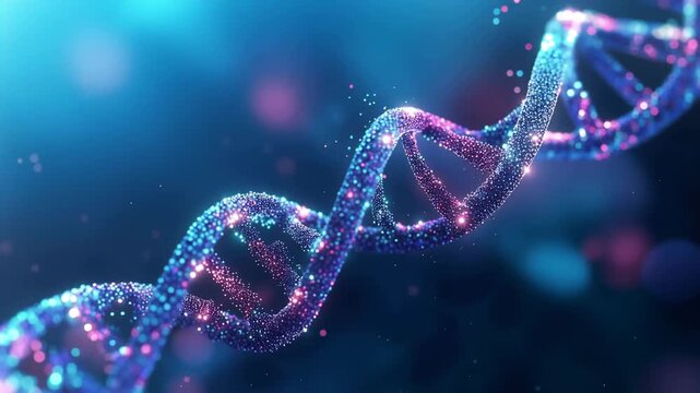 Abstract DNA helix, glowing particles, deep blue background, genetic research, biotechnology, genomics, molecular science, medical innovation, bioinformatics, future healthcare, DNA strand