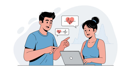 Fototapeta premium Health monitoring discussion with wearable device and laptop - heart rhythm analysis