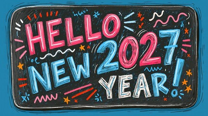 Fototapeta premium Colorful hand drawn chalkboard style greeting banner with hello 2027 new year on dark blue base for cheerful festive new year celebration
