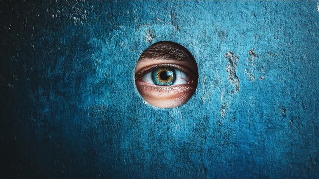 A captivating close-up of an eye peering through a hole in a textured blue wall, evoking curiosity and emotion in viewers with a striking visual narrative.