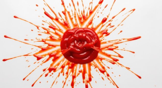 A red and orange splatter of ketchup on a white background.