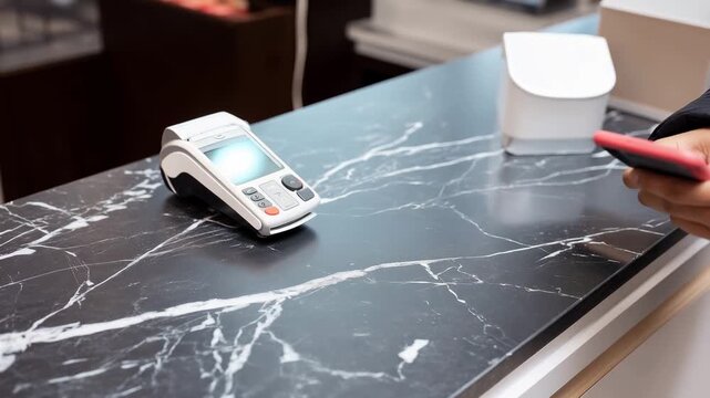 Contactless payment with smartphone near POS terminal on retail counter, mobile wallet transaction, cashless checkout, NFC payment, digital banking, fintech service
