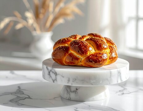 Ukrainian korovai bread presented on marble pedestal, soft luxury lighting, elegant editorial photography