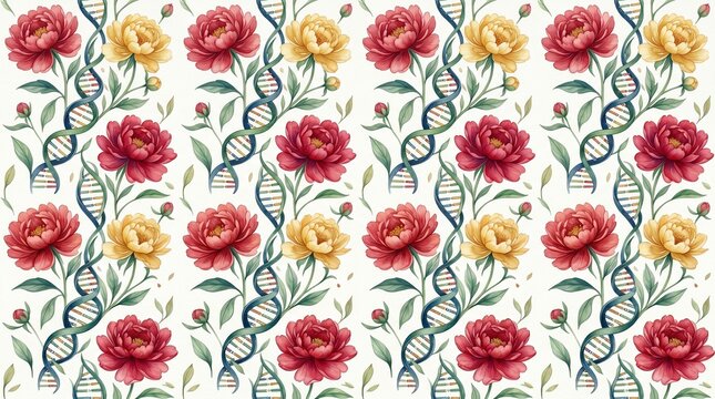 Botanical DNA pattern, vibrant red and yellow peony flowers with green leaves, elegant floral genetic helix design, seamless scientific nature illustration for textiles and branding