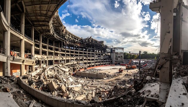 Abandoned stadium with rubble and debris.