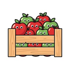 Fototapeta premium Cute cartoon illustration of green monster with red apples in wooden crate.