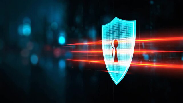 Cybersecurity shield with glowing data stream on dark digital background, network protection, data security, cyber defense, privacy, firewall technology
