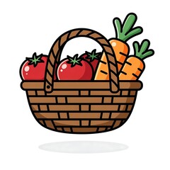 Fototapeta premium Cute cartoon basket of fruits and vegetables with leaves.