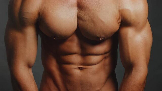 Muscular man torso with six pack abs flexing close up. Male bodybuilder athletic body with muscular chest and abdominal muscles. Fitness and bodybuilding concept