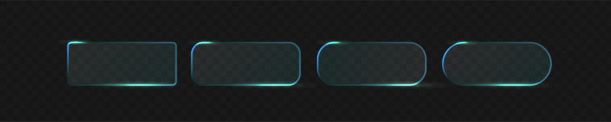 Set of Glass futuristic frame with button box blue and text panel effect. Element banner light with gradient glass 3d and modern tech shape. Background neon glass with minimal circle button. © Katerina