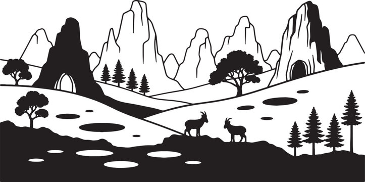 Silhouette vector illustration of karst limestone mountains and rocky peaks in a natural landscape setting, featuring sharp edges and dramatic formations on a plain background.