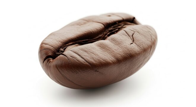 Close-up of a single roasted coffee bean on a white background.