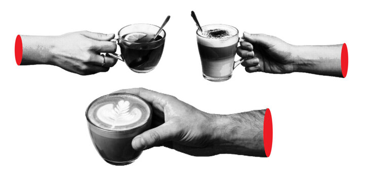 Hand holding coffee cup and latte mug with halftone effect in a sticker style set