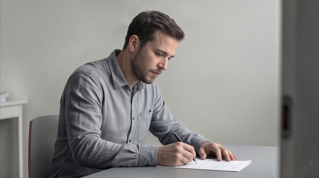 Office employee signing legal document at desk. Focused young adult man reviewing paperwork in minimalist workspace.