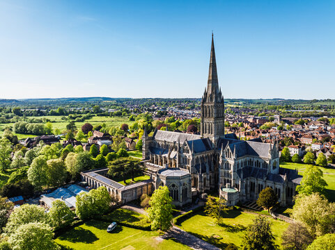 Salisbury Cathedral from a drone, Salisbury, Wiltshire, England