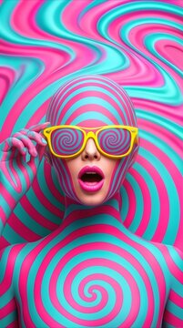 Surprised woman with pink and teal body paint posing against matching hypnotic swirl background. Psychedelic art and optical illusion concept.