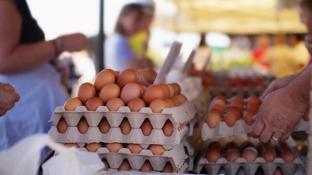 Customers shopping for fresh brown eggs in cardboard cartons at busy outdoor farmers market stall, promoting local agriculture, organic food, and healthy sustainable lifestyle.