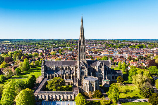 Salisbury Cathedral from a drone, Salisbury, Wiltshire, England