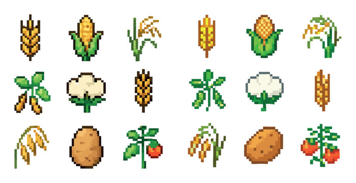 Farming icons with corn wheat potato pixel