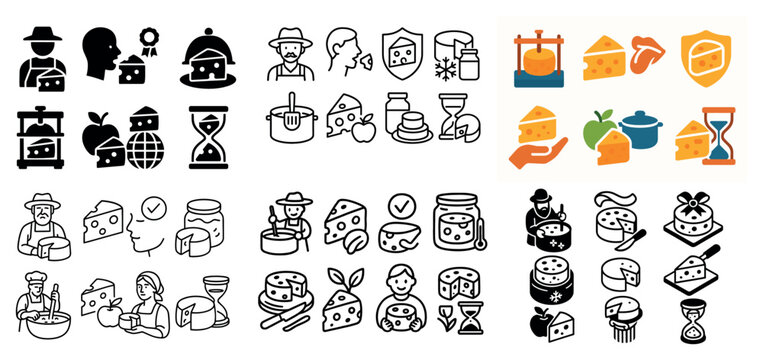 Cheese maker icons with cheese jar spoon flat colorful