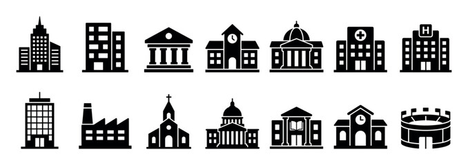Obraz premium Diverse collection of black building glyph icons featuring various urban and public structures like a hospital, school, bank, factory, and government building in a flat style