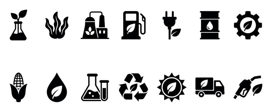Set of black biofuel icons representing renewable energy and sustainable technology, including symbols for ethanol, algae, green electricity, and eco-friendly transportation