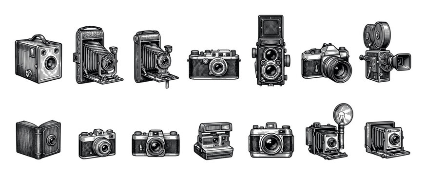 Collection of vintage cameras and photographic equipment illustrated in a detailed black and white engraving style, showcasing various historical models from different eras of photography