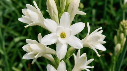 Fototapeta premium Close-up of beautiful white tuberose flowers blooming in a garden, natures elegance.