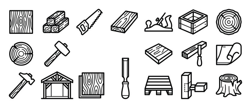 Collection of black line art icons for woodworking and carpentry, featuring tools like a saw, hammer, and chisel, alongside lumber, logs, a pallet, and a timber frame structure
