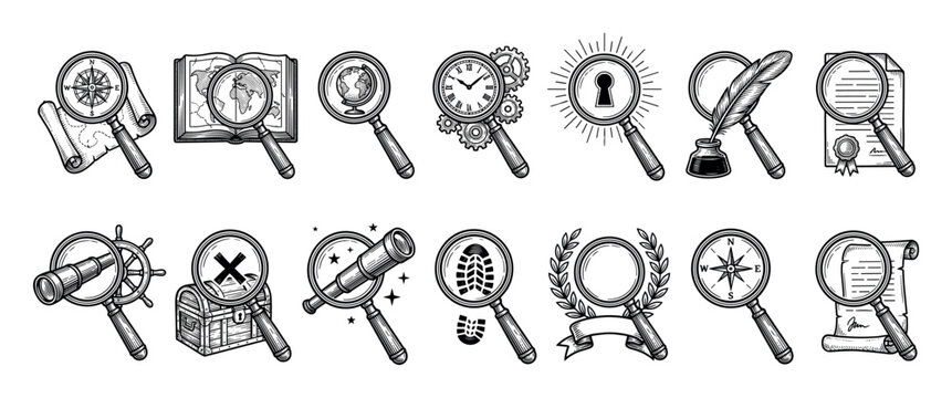 Collection of magnifying glass icons in a vintage engraved style, illustrating themes of discovery, exploration, and investigation with symbols like maps, compasses, and globes
