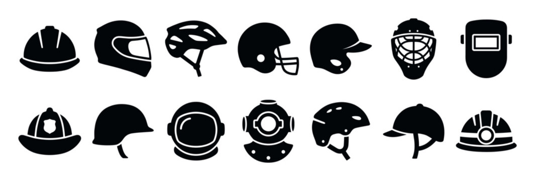Collection of black helmet icons representing various professions and sports, including construction, racing, and diving, presented in a simple minimalist glyph style