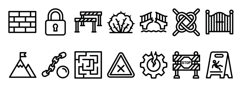 Set of black line icons representing obstacles, barriers, and challenges for business and life concepts like problems, restrictions, and solutions in a minimalist outline style