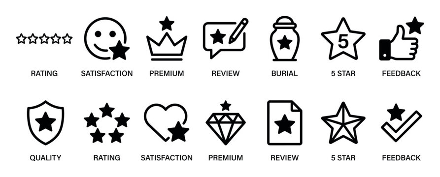 Set of black outline icons representing customer satisfaction, quality, and feedback, including symbols for rating, premium service, five stars, positive reviews, and a quality shield
