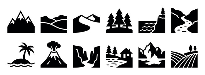 Obraz premium Set of black minimalist landscape and nature icons including a mountain range, erupting volcano, pine forest, canyon river, tropical island, and rolling farmland hills