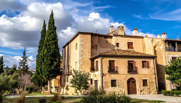 Old stone building with cypress tree.