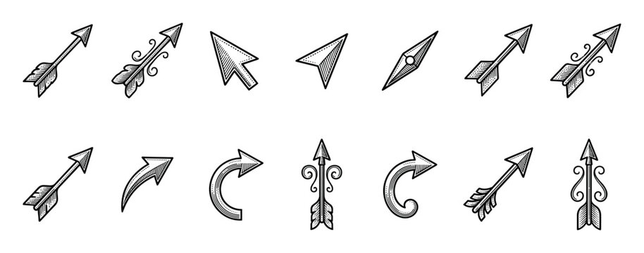 Collection of hand-drawn vintage arrows and pointers in a classic black and white engraving style, featuring various ornate, curved, and straight designs for navigation